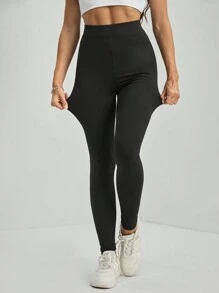 SHEIN Tall 纯色休闲运动针织紧身女式打底裤 - 黑色 - 查看 4