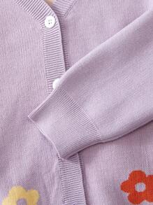 SHEIN Vintaside Kids 2 件套年轻女孩时尚休闲花卉印花开衫和阔腿裤套装，适合日常穿着，舒适柔软的材质，适合秋冬季 - 紫色 - 查看 3