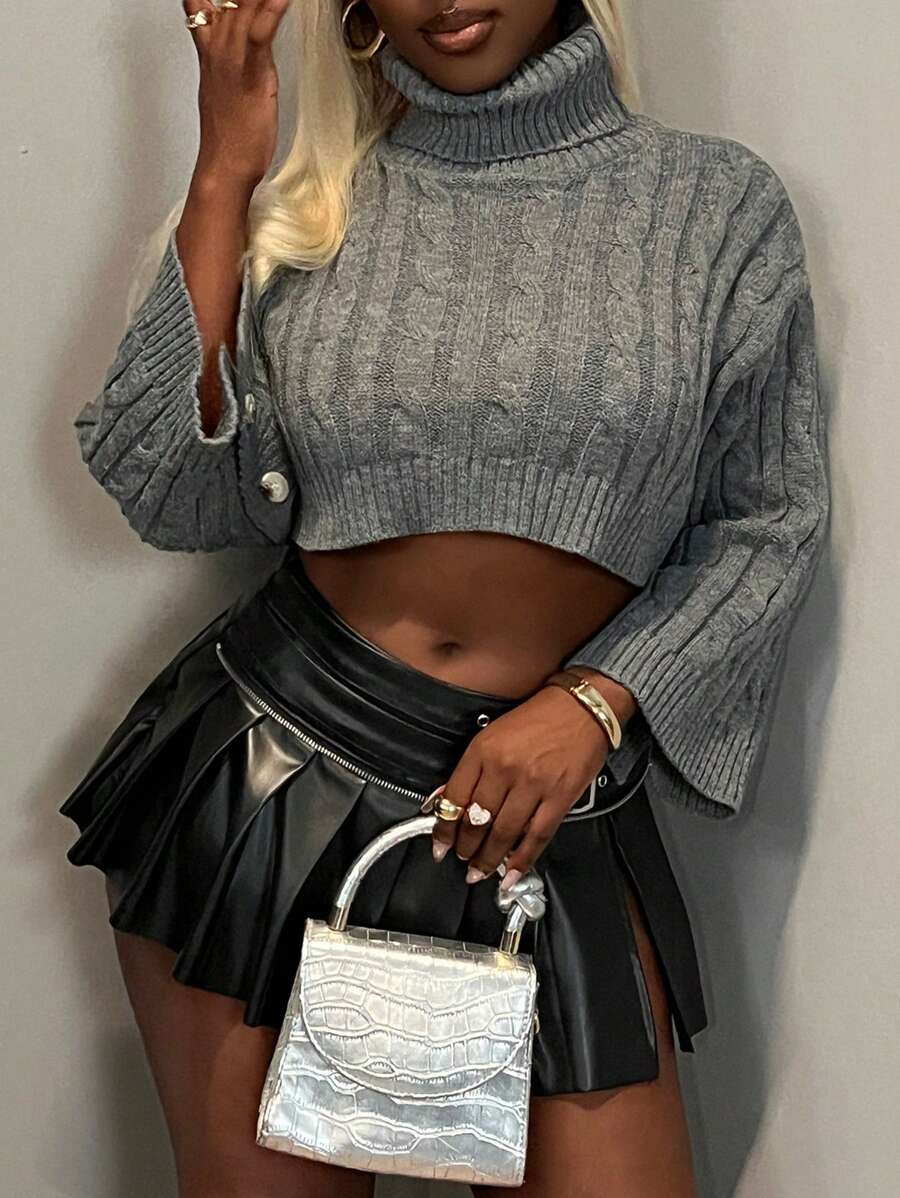 Zolique New Design Sexy & Simple Grey Cable Knit Loose Fit Oversized Button Cuff Ladies Sweater Knit Pullover Fall Winter Outfit