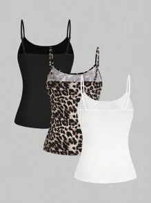 SHEIN Essnce Conjunto de 3 trajes de mujer que incluye: chaleco de traje de mujer, abrigo base de otoño con estampado de leopardo, top de tirantes espagueti negro, top de tirantes espagueti blanco. Estos tops de tirantes espagueti se pueden usar por dentro. Ropa de otoño para mujer con estampado de leopardo y tops de tirantes espagueti. Ropa de otoño para mujer talla grande con atuendos de Halloween.