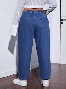 SHEIN ICON Plus Size Women's Rhinestone Decor Pockets Tapered Casual Loose Fit Jeans - Blue - View 2