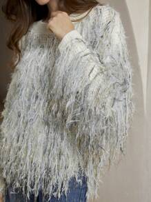 Anewsta Faux Feather Knit Sweater, Casual Everyday Wear, Knit Pullover Fall Winter - Green - View 4
