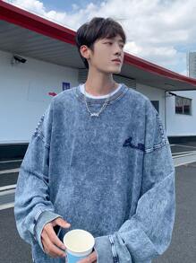 Claim Dot 男士深蓝色水洗趣味字母牛仔针织宽松落肩长袖牛仔上衣，适合聚会、朋友 - 深色水洗藍 - 查看 5