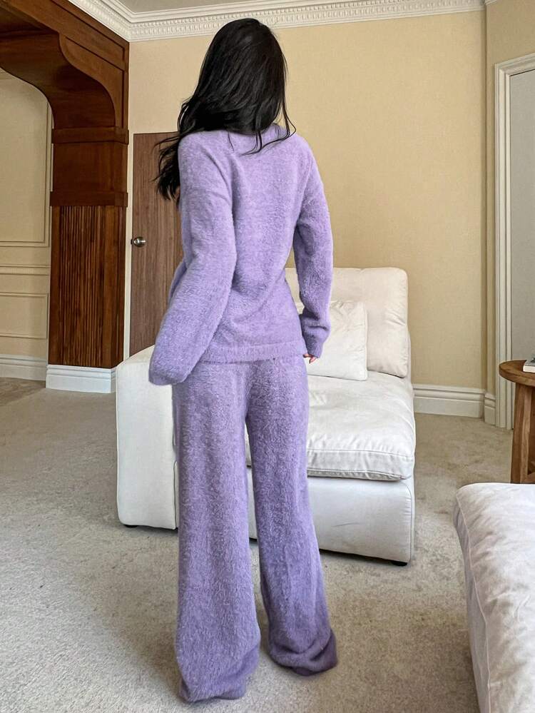 Faux Mink Furry Relaxed Tie Waist Lounge Suit Pajama, Cozy Outfit, Fall Winter Clothes