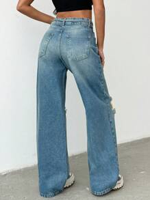 SHEIN Cottnline LOW RISE WIDELEG CUTRIPPED WOMEN Y2K JEAN - Medium Wash - View 2