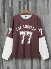 Manfinity Campus Court Plus Size Men's Casual Colorblock Letter Print Pullover Sweatshirt - Multicolor - View 1