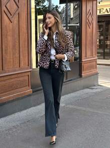 Chiquease 女士短款豹纹长袖夹克，秋季时尚