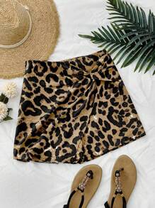 SHEIN PETITE Shorts super saia com estampa de leopardo e detalhes torcidos, primavera outono - Castanho - Ver 5