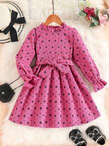 SHEIN Váy dài tay in hoa cho bé gái kèm thắt lưng, váy thời trang cho ngày lễ và các dịp đặc biệt, mùa thu - Màu Hồng Tươi - Xem 1