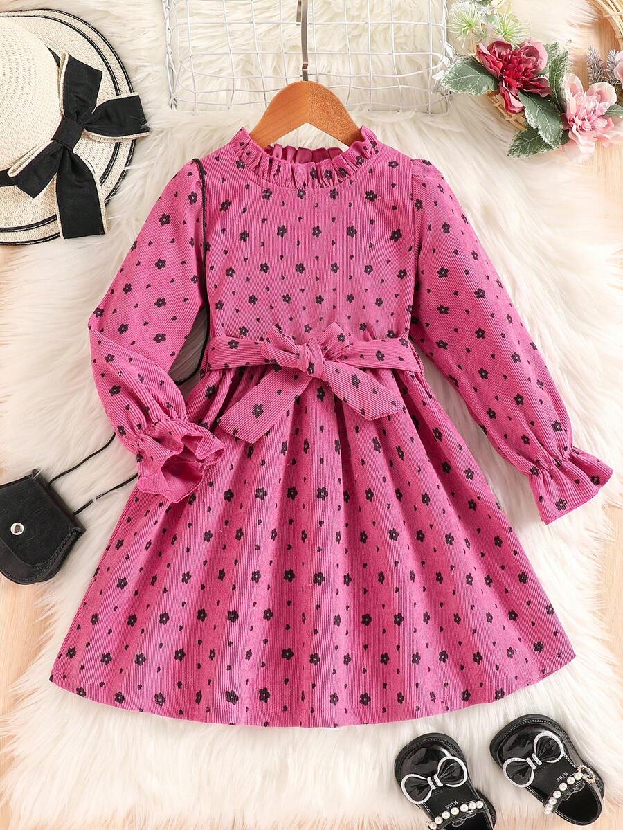 SHEIN Váy dài tay in hoa cho bé gái kèm thắt lưng, váy thời trang cho ngày lễ và các dịp đặc biệt, mùa thu - Màu Hồng Tươi - Xem 1