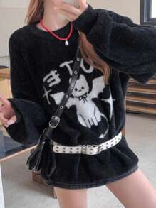 FRIFUL Áo len nữ tay dài cổ tròn dáng rộng họa tiết chữ hoạt hình, mùa thu đông - màu đen - Xem 6