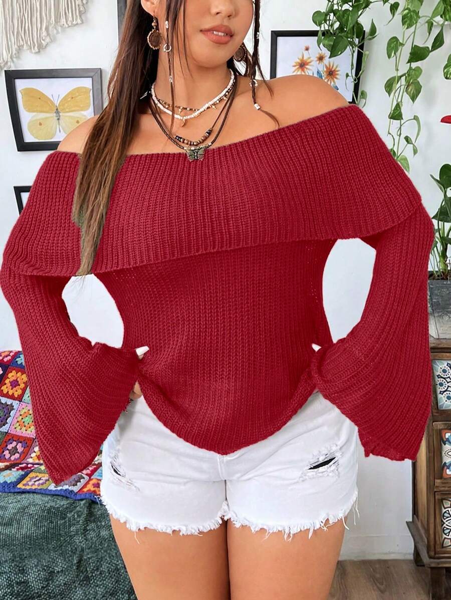 Flirla Plus Size Women's Solid Color Off-Shoulder Flared Sleeve Casual Pullover Sweater, Fall/Winter Knit Pullover Autumn - Burgundy - View 1