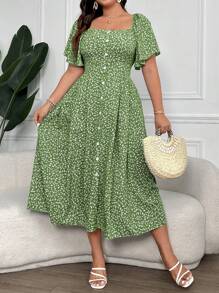 SHEIN Clasi Plus Size Women's Boho Short Sleeve Front Button Square Neck Ditsy Floral Dress Women Outfit, For Summer - Green - View 1