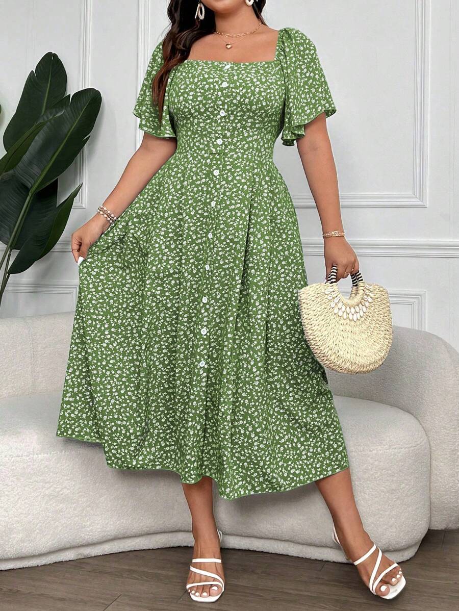 SHEIN Clasi Plus Size Women's Boho Short Sleeve Front Button Square Neck Ditsy Floral Dress Women Outfit, For Summer - Green - View 1