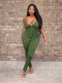 Slaydiva Women's Casual Solid Color Slim Fit Sleeveless Jumpsuit, Spring And Summer - Army Green - View 4