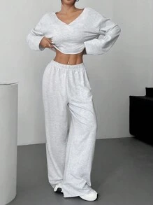 SHEIN EZwear Bộ 2 món/Bộ áo nỉ cổ chữ V trơn mới cho nữ và quần nỉ - Xám - Xem 5
