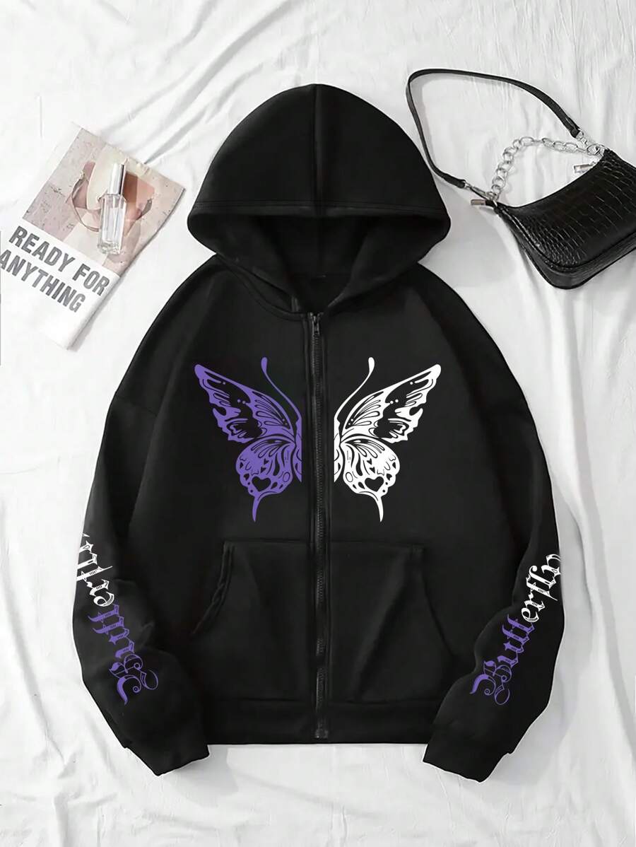 INAWLY Women's Long Sleeve Zip Front Butterfly Print Minimalist Hoodie,Long Sleeve Tops Graduation,Back To School,Graduation,Teacher,Back To School Pullover Fall - Black - View 1