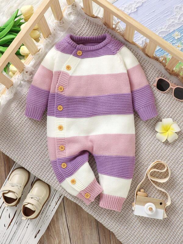 SHEIN Vintaside Kids Baby Girl Front Snap Long Sleeve Solid Color Patchwork Sweater Romper