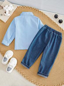 SHEIN 2pcs Baby Boys Toddlers Autumn Winter Basic Casual Vacation Soft Touch Striped Shirt + Distressed Denim Pants Set