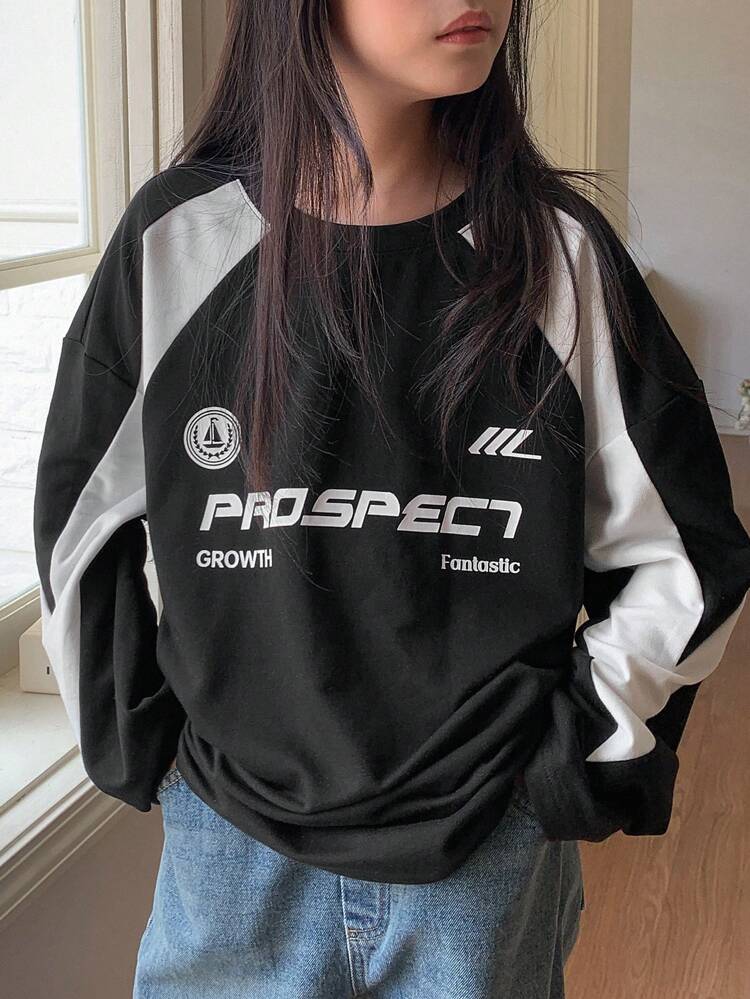 Tween Girl Color-Block Letter Graphic Round Neck T-Shirt