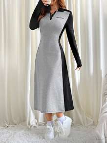 SHEIN EZwear Damen Polokragen Farbkontrast Patchwork Knopfleiste Langarm Buchstaben Muster Kleid - Verschiedenfarbig - Übersicht 5