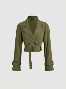 SHEIN MOD 女式卡其色短款休闲宽松夹克（配腰带）、秋季外套、秋季大衣、秋装、巡航女装、返校 - 軍綠色 - 查看 1