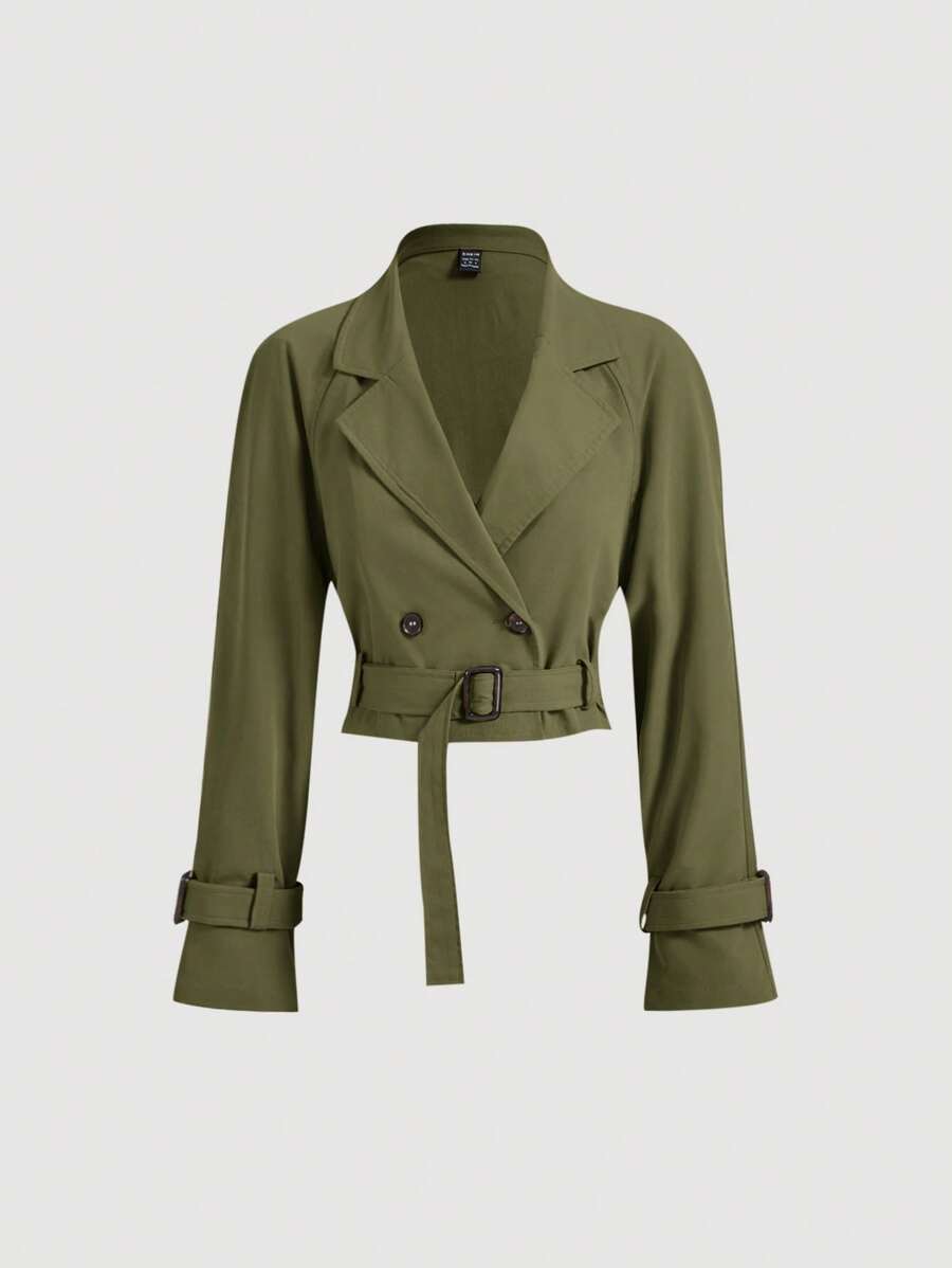 SHEIN MOD 女式卡其色短款休闲宽松夹克（配腰带）、秋季外套、秋季大衣、秋装、巡航女装、返校 - 軍綠色 - 查看 1