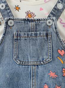 SHEIN 新生女婴蝴蝶碎花 T 恤和牛仔背带裤 2 件套服装，休闲时尚，适合秋冬季 - 彩色 - 查看 7