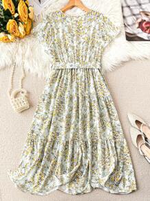 SHEIN LUNE Plus Size V-Neck Floral Print Waist Tie Dress, Graceful And Elegant - Yellow - View 2