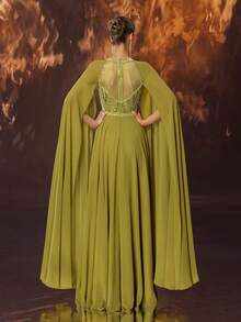 YISIKADO 奢华亮片串珠雪纺夸张袖子骨干正式晚礼服婚礼宾客晚宴宴会女士连衣裙 - 橄欖綠 - 查看 3