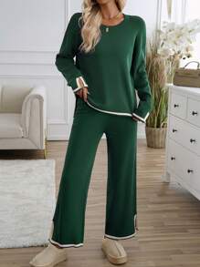 GAOVOT Women's Sweater Two Pieces Simple Loose Casual Color Contrast Round Neck Long Sleeve Sweater And Loose Wide Leg Straight Pant Suit - Green - View 5