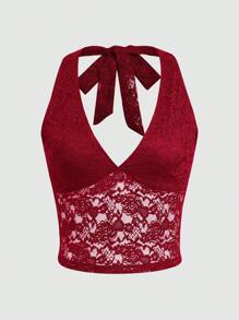 INAWLY Plus Size Sexy Lace Backless Halter Top, Summer - Burgundy - View 5