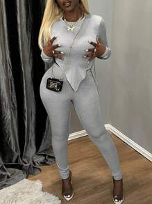 Zolique 2 件套纯色圆领长袖简约休闲上衣和裤子套装 - 灰色 - 查看 4