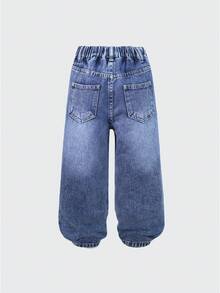 女童休闲百搭舒适水洗阔腿牛仔裤，带刺绣星星设计，适合日常穿着 - 中等水洗藍 - 查看 6