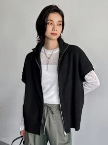 FRIFUL Women's Solid Color Short Sleeve Loose Casual Zip-Up Sweater Vest, Fall/Winter