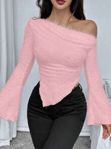 Chiquease 女士性感休闲派对毛茸茸上衣休闲打底衫冷杉高弹力针织毛茸茸不对称领口露肩开衩喇叭袖 T 恤 - 粉色 - 查看 3