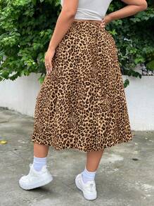 SHEIN EZwear Plus Size Women's Summer Autumn Back-To-School Campus Outdoor Free People Casual Daily Versatile Leopard Print A-Line Ruffled Slit Elastic Waist Relaxed Skirt