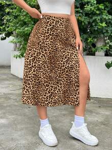 SHEIN EZwear Plus Size Women's Summer Autumn Back-To-School Campus Outdoor Free People Casual Daily Versatile Leopard Print A-Line Ruffled Slit Elastic Waist Relaxed Skirt