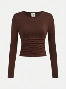 SHEIN Girlism Juego de 3 piezas de camisetas de manga larga casuales de unicolor con cuello redondo fruncido para adolescentes