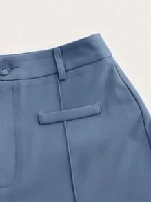 SHEIN MOD 女士纯色牙签条纹设计直腿宽松休闲裤 - 霧霾藍 - 查看 3