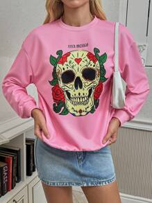 POMOi Artist Round Neck Short Sleeve Day Of The Dead Skull Print Minimalist Streetwear Pullover Sweatshirt, For Holiday, Vacation, Spring, Festival, For Workout, Ibiza Fits, Western Wear