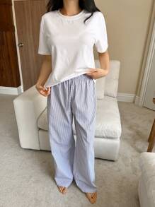 DAZY 简约 T 恤和条纹裤睡衣两件套休闲套装