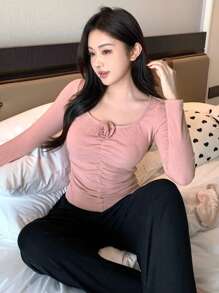 DAZY Lace Decorated Ruched Design Ribbed Knit Slim Fit Pajama Top Fall,Winter - Pink - View 8