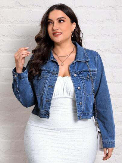 EMERY ROSE Plus Size Front Button Long Sleeve Pocket Simple Casual Denim Jacket