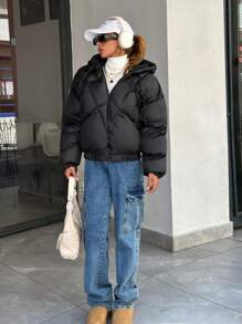 EURMUSE 女士时尚连帽独特设计绗缝拉链细节羽绒大衣，冬季服装