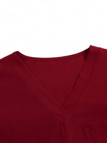 TaskEZ Burgundy Red Women's Solid Long Sleeve Scrub Top Elastic Double Pocket V Neck Top, Women's V Neck Scrub Top, Women's Short Sleeve V Neck Nurse Uniform With 3 Pockets Summer Soft And Elastic Printed Scrub Top, Christmas Clothing