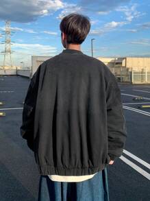 Manfinity Hypemode Men's Black Washed Plain Casual Dark Denim Thermal Lined Baseball Jacket, For Going Out - Dark Grey - View 3