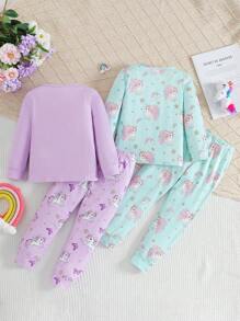 SHEIN 2pcs/Set Young Girls Cute Digital Cartoon Print Round Neck Casual Long Sleeve Top And Loose Drawstring Pants, Spring/Autumn
