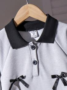 2pcs/Set Young Girl Collared Long Sleeve Bow Cuff Sweatshirt And Skirt Outfit, Black & Gray, High-End Sleeve Top, Children Autumn Clothing Set