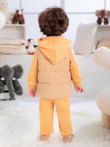 SHEIN 3pcs Set Baby Boys Casual All-Match Warm Vest, Hoodie Sweatshirt And Pants Outfit For Fall, Winter And Spring - Khaki - View 2
